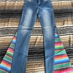 Women's Blue Denim Jeans with Multicolor Serape Panels